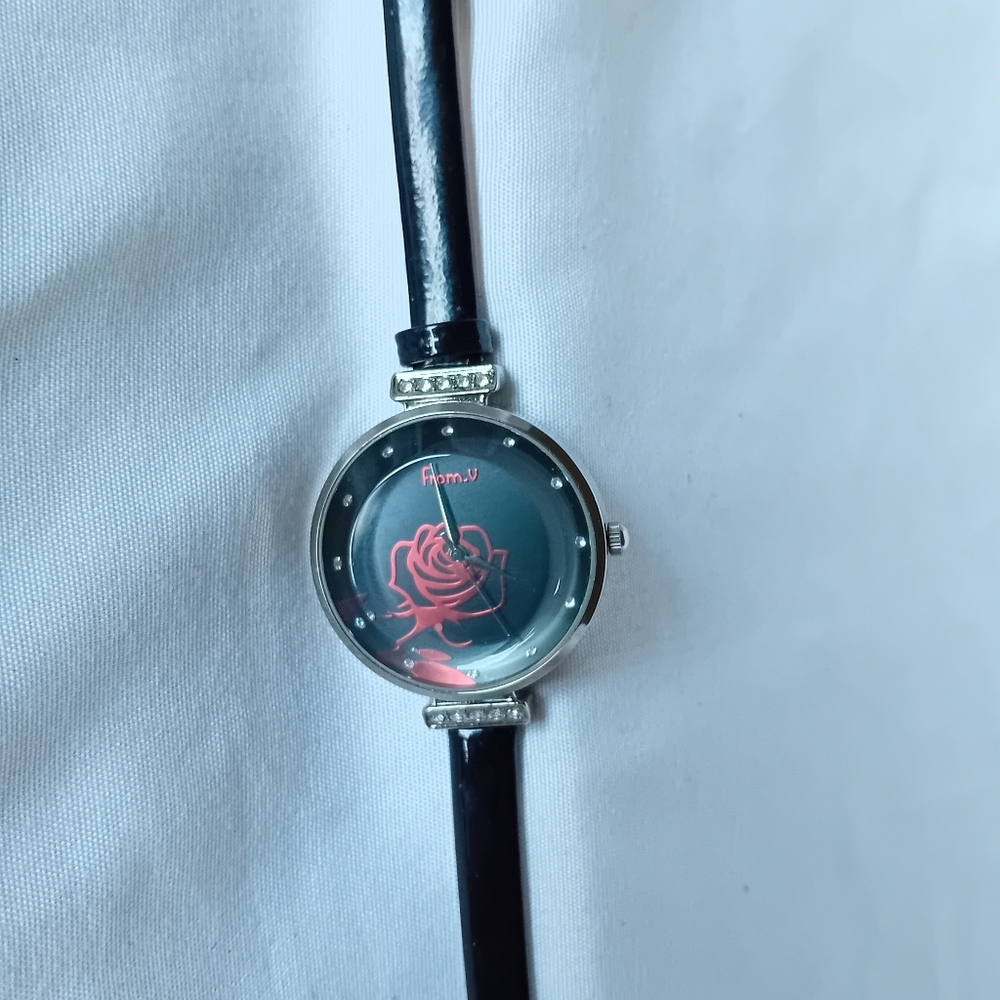 NWOT Black Floral Dial Watch With Rhinestone Accents And Leather Strap